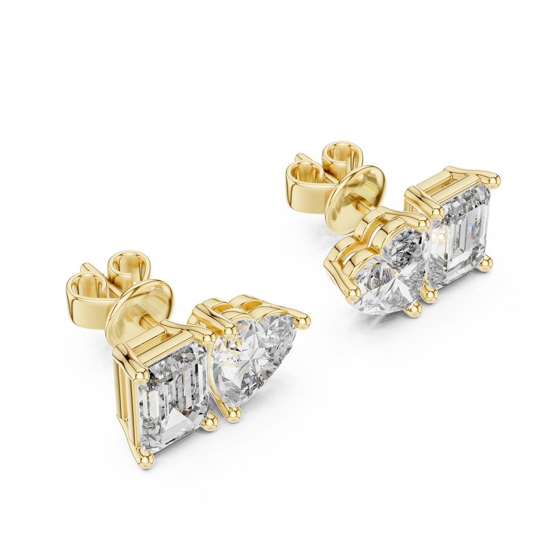 Heart and emerald moissanite toi et moi stud earrings in yellow 925 sterling silver, view 2
