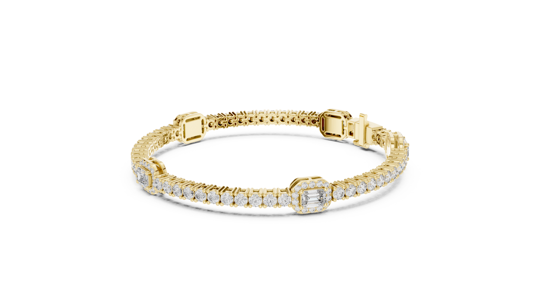Emerald Halo Station Round Moissanite Tennis Bracelet in yellow 925 sterling silver, view 2
