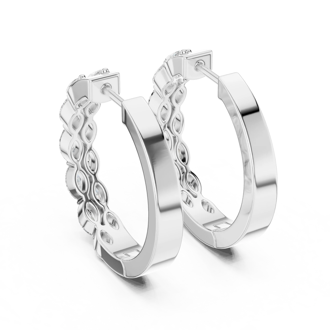 Marquise moissanite double row hoop earrings in white 925 sterling silver, view 3