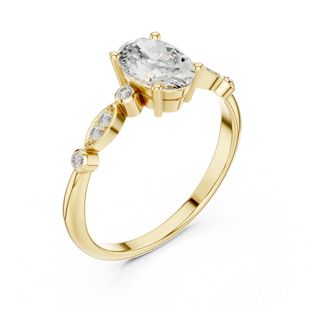 Oval Moissanite Ring with Bezel and Marquise Station Accents in yellow 925 sterling silver, view 2