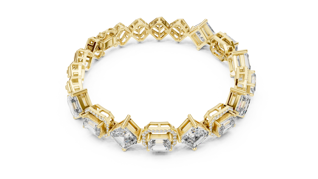 Asscher and Emerald Halo Station Moissanite Bracelet in yellow 925 sterling silver, view 3
