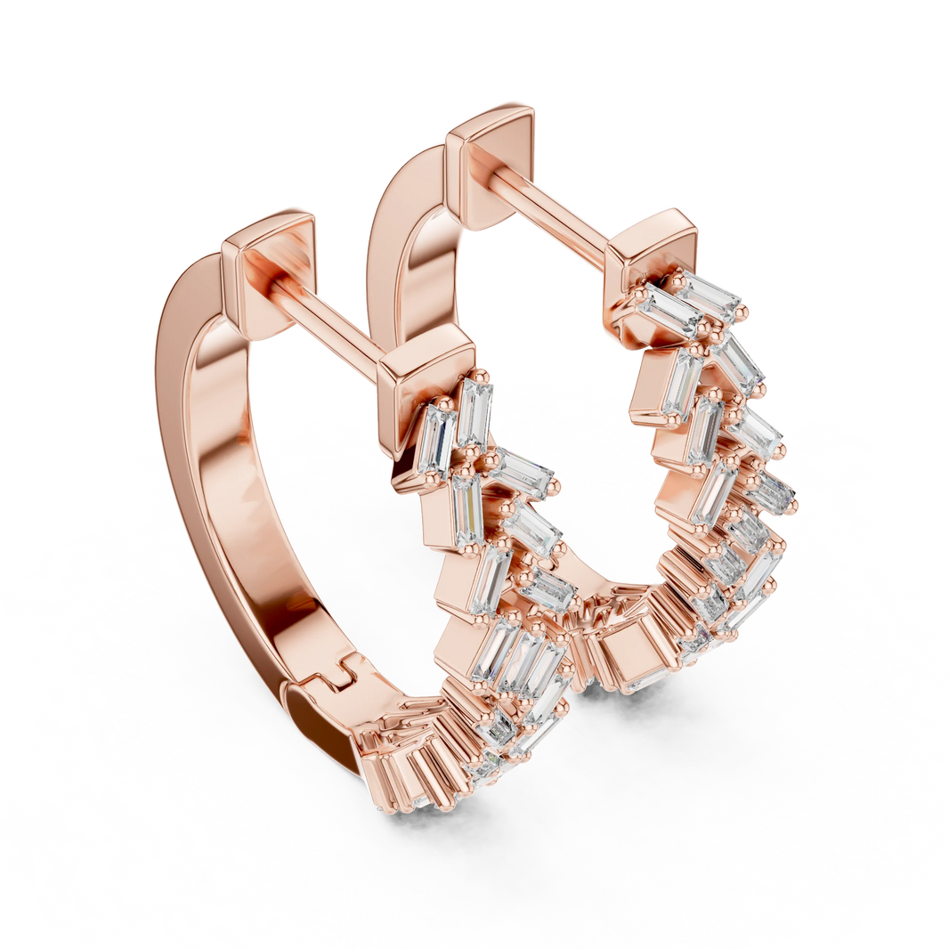 Baguette moissanite scatter hoop earrings in rose 925 sterling silver, view 2