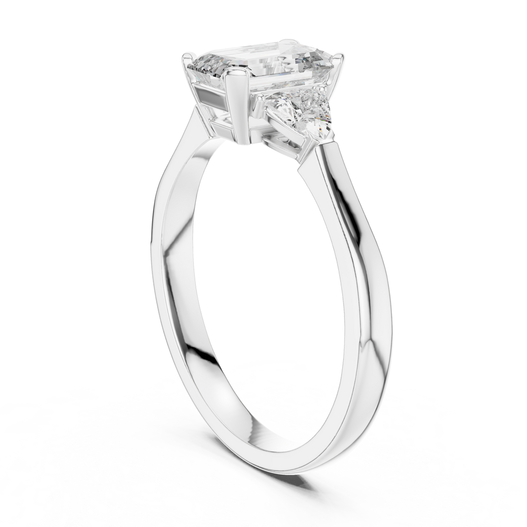 Emerald Cut and Trillion Three Stone Moissanite Engagement Ring in white 925 sterling silver, view 1