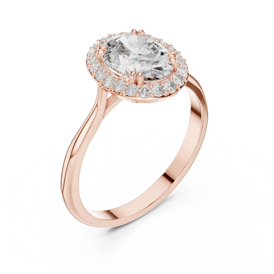 Oval Single Halo Moissanite Ring with Tapered Band in rose 925 sterling silver, view 2