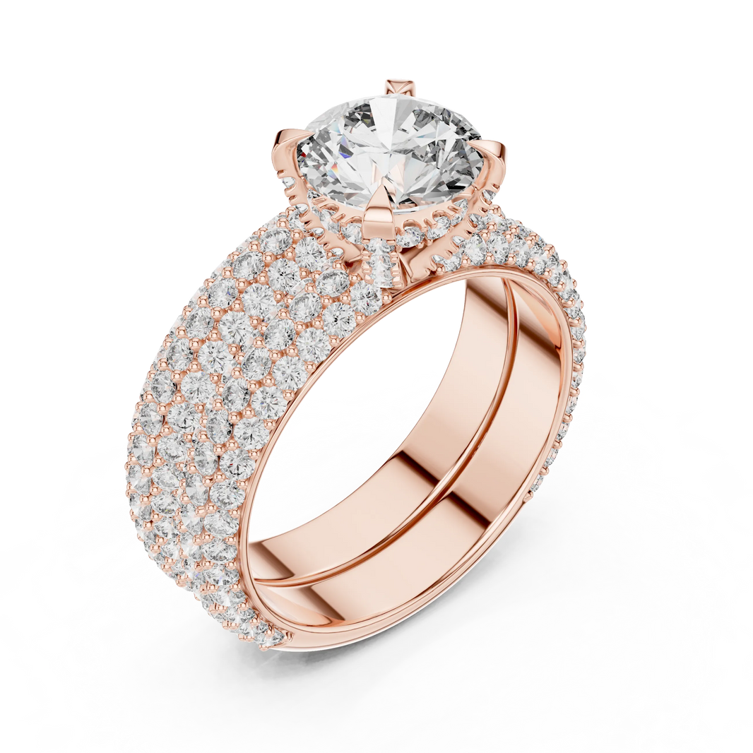 Round Solitaire Moissanite Ring with Wide Pavé Band in rose 925 sterling silver, view 2