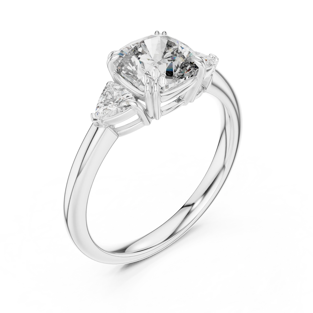 Cushion and Trillion Three Stone Moissanite Ring in white 925 sterling silver, view 2