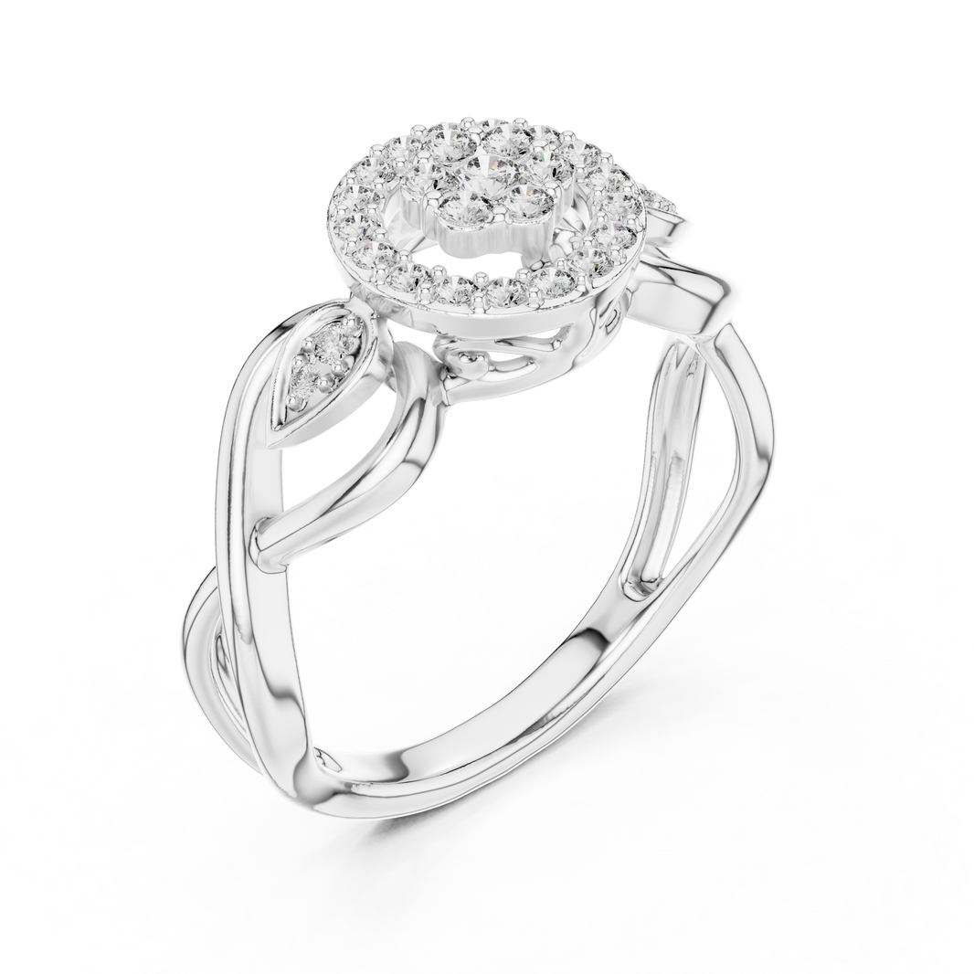 Cluster Halo Moissanite Ring with Scroll Accents in white 925 sterling silver, view 2