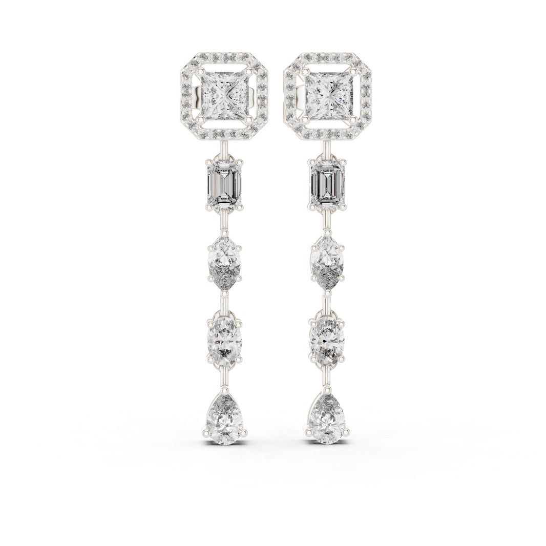 Princess Halo Mixed Shape Moissanite Line Drop Earrings in white 925 sterling silver, view 1
