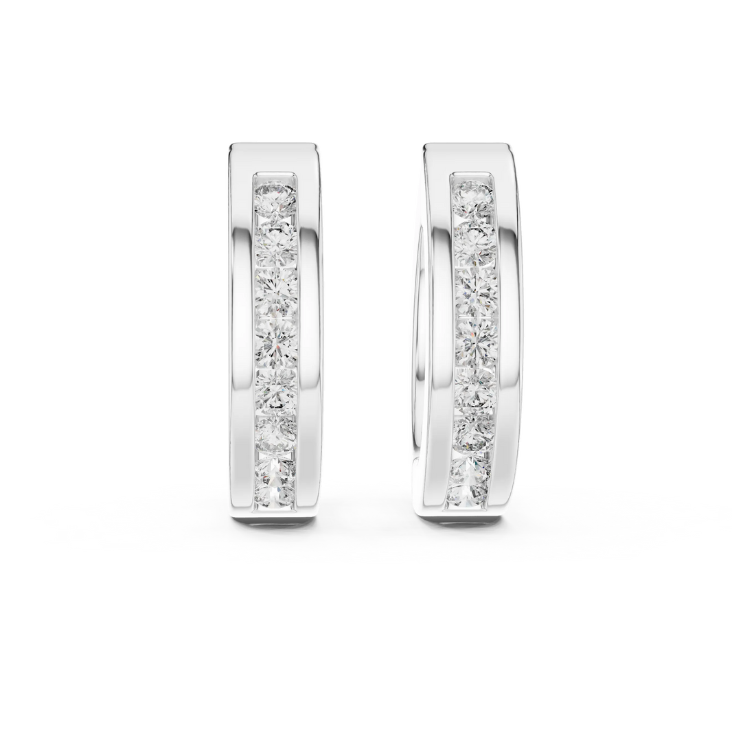 Moissanite channel set huggie earrings in white 925 sterling silver, view 4