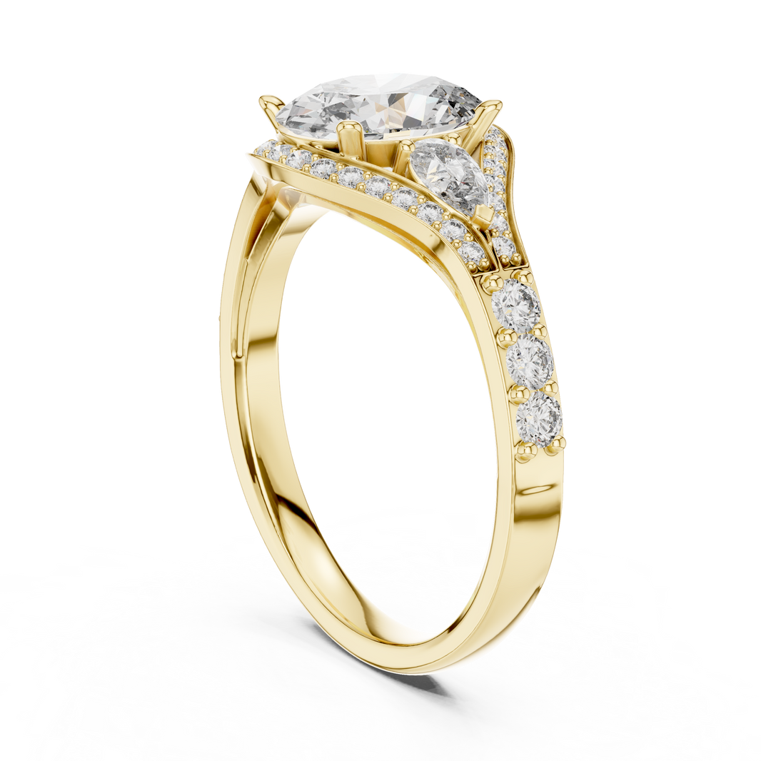 Oval and Pear Moissanite Halo Ring with Split Pavé Shoulders in yellow 925 sterling silver, view 1