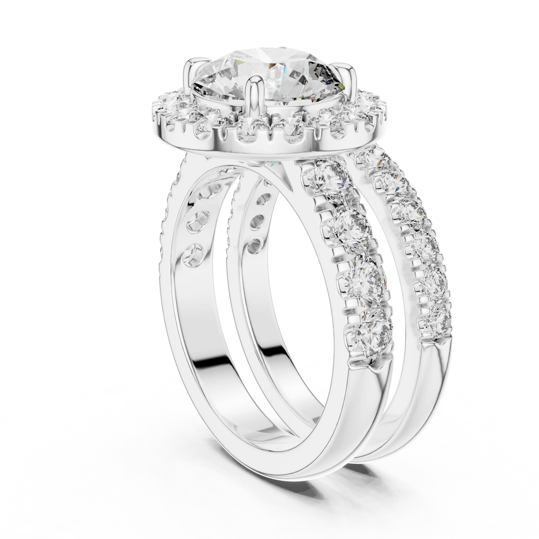 Round Halo Moissanite Double Band Ring in white 925 sterling silver, view 1