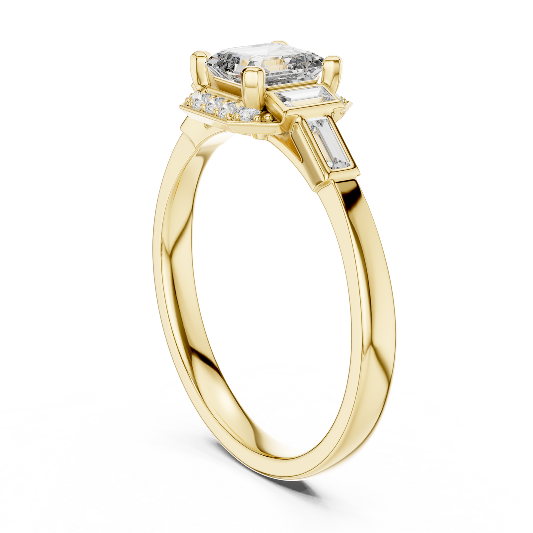 Asscher Cut Octagon Halo Moissanite Ring with Baguette Shoulders in yellow 925 sterling silver, view 1