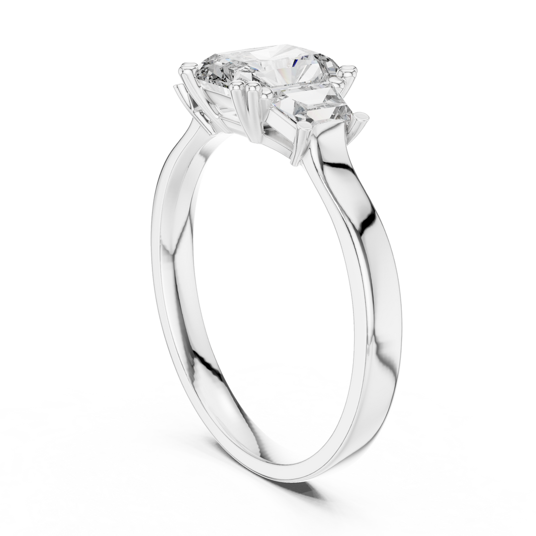 Radiant Cut Moissanite Ring with Trapezoid Side Stones in white 925 sterling silver, view 1