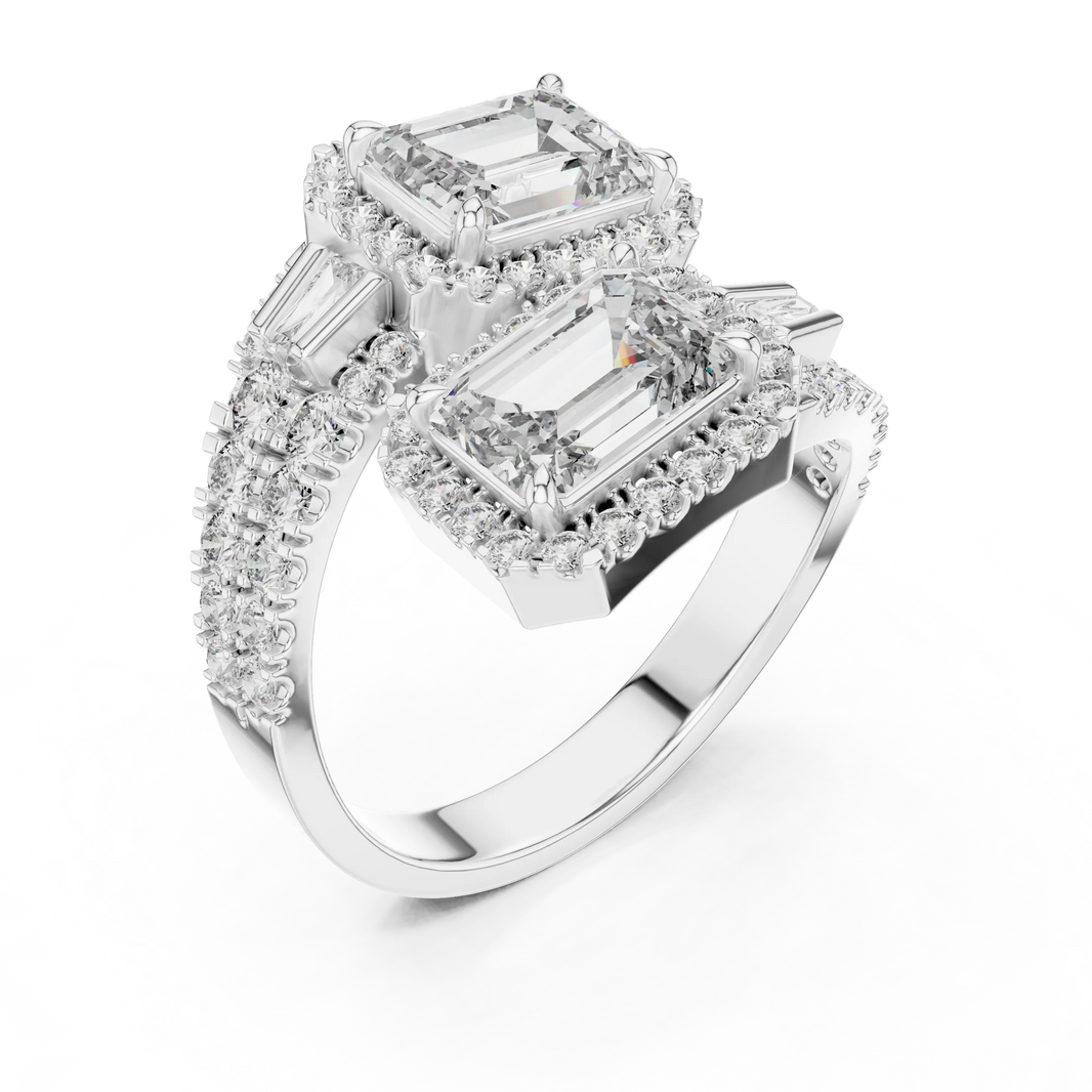 Emerald Cut Halo Toi et Moi Moissanite Bypass Ring in white 925 sterling silver, view 2