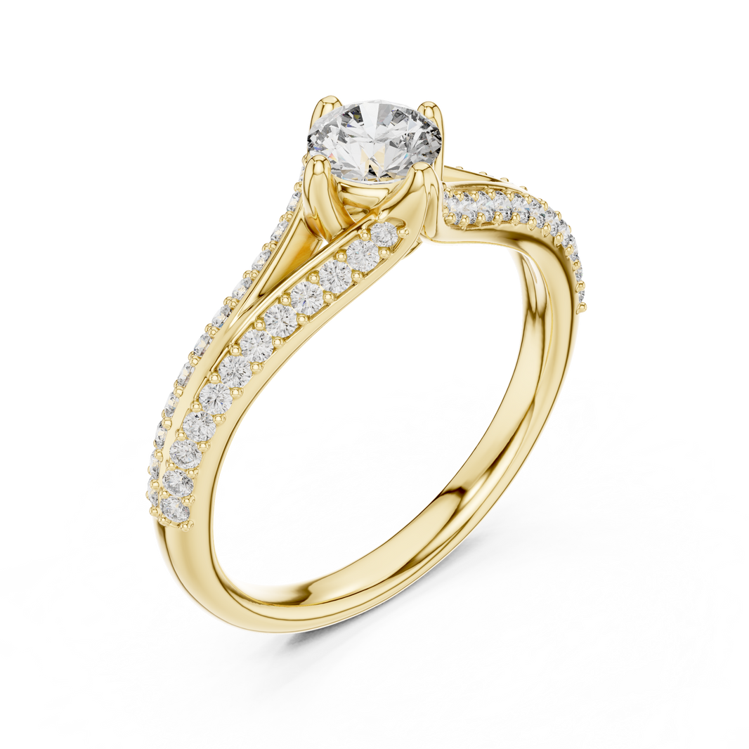 Round Compass Set Moissanite Bypass Ring with Pavé Split Shank in yellow 925 sterling silver, view 2