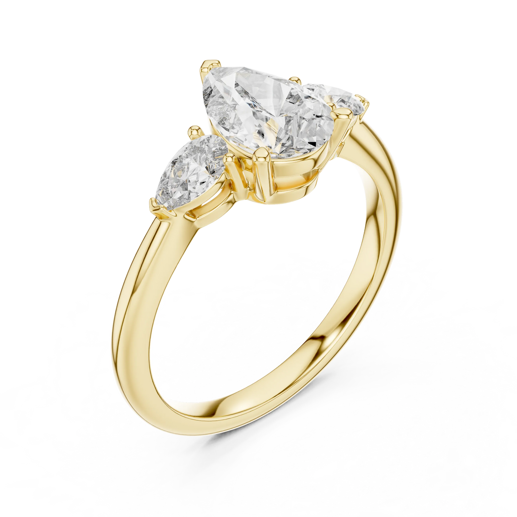 Pear Three Stone Moissanite Engagement Ring in yellow 925 sterling silver, view 2