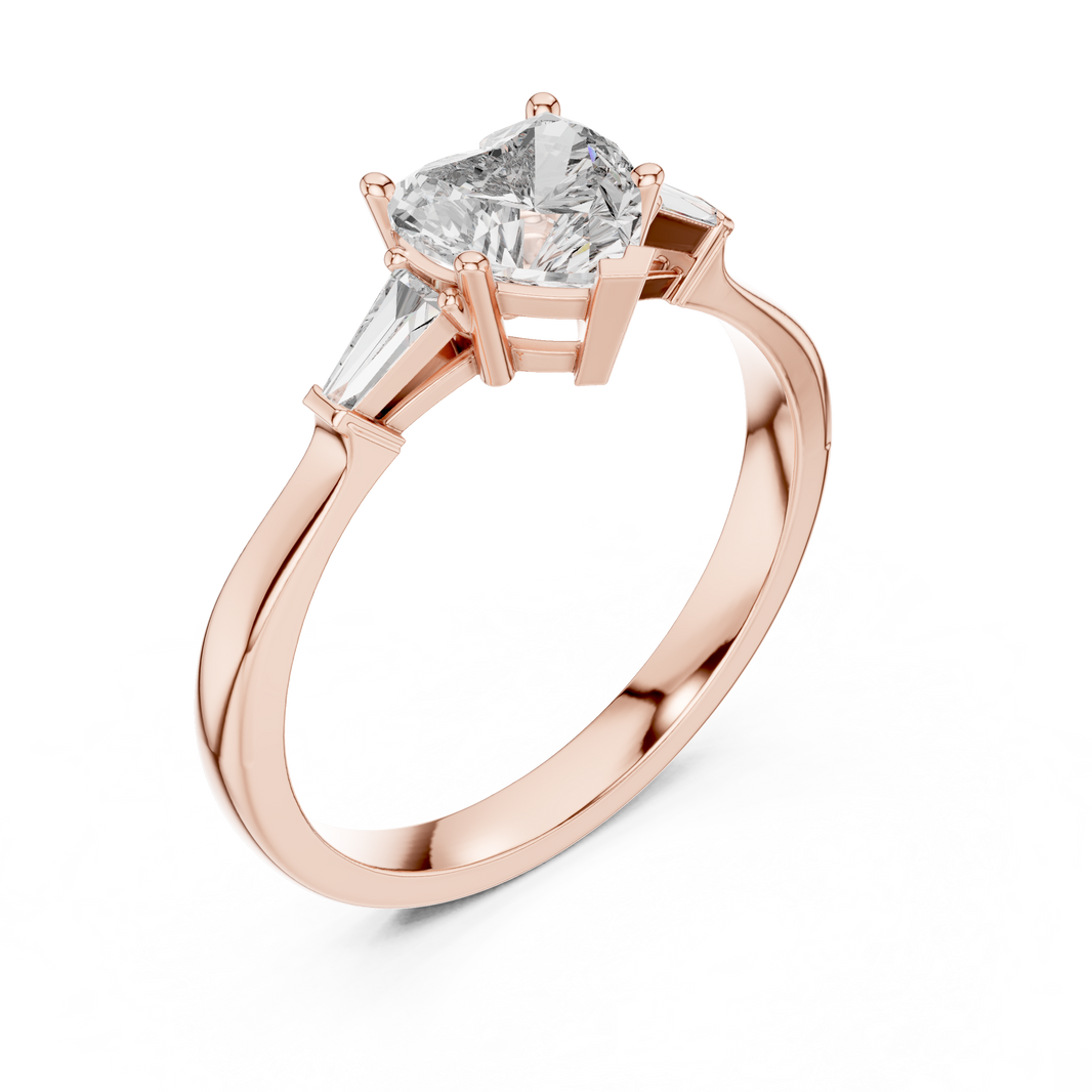 Heart Moissanite Ring with Tapered Baguette Sides in rose 925 sterling silver, view 2