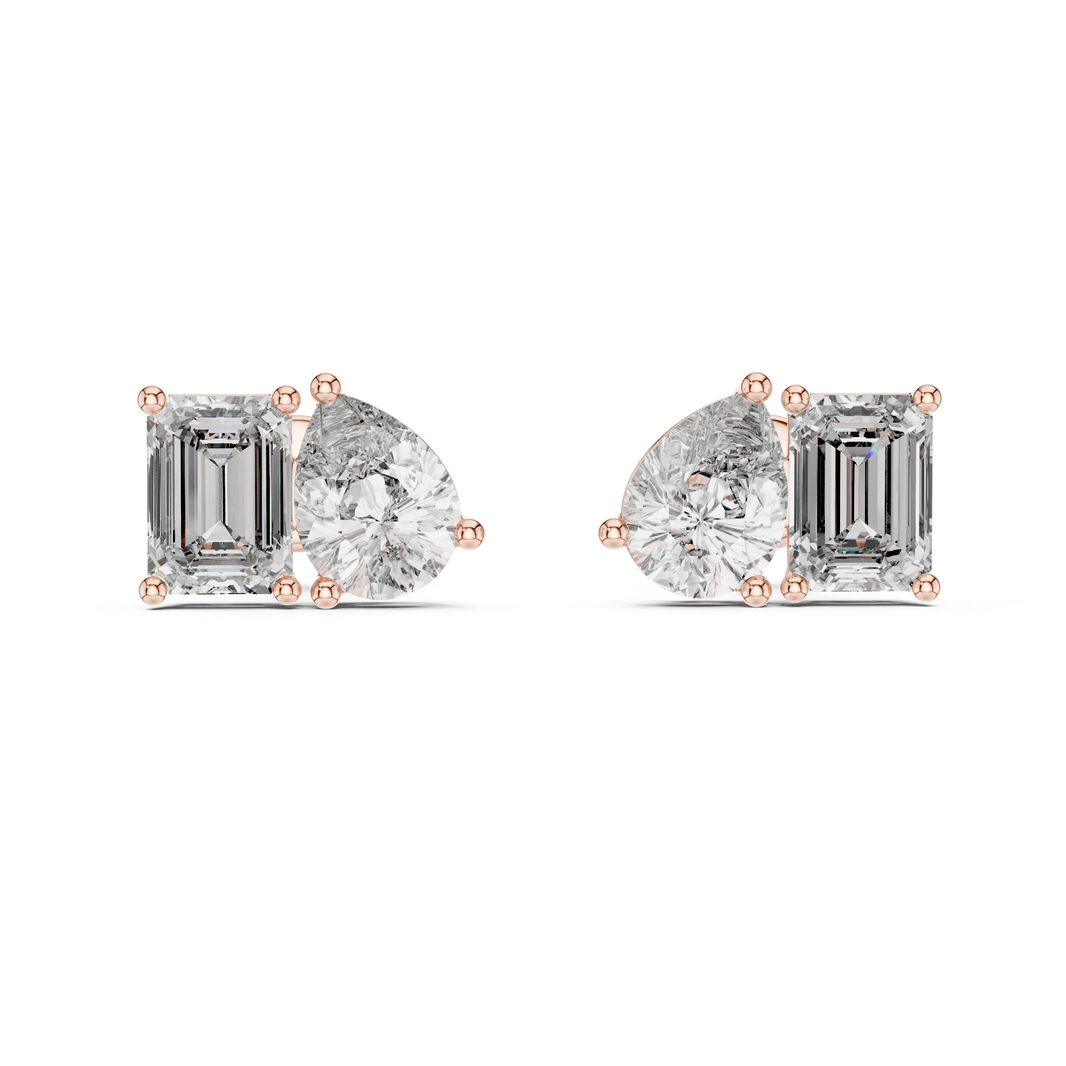 Pear and emerald moissanite toi et moi stud earrings in rose 925 sterling silver, view 4