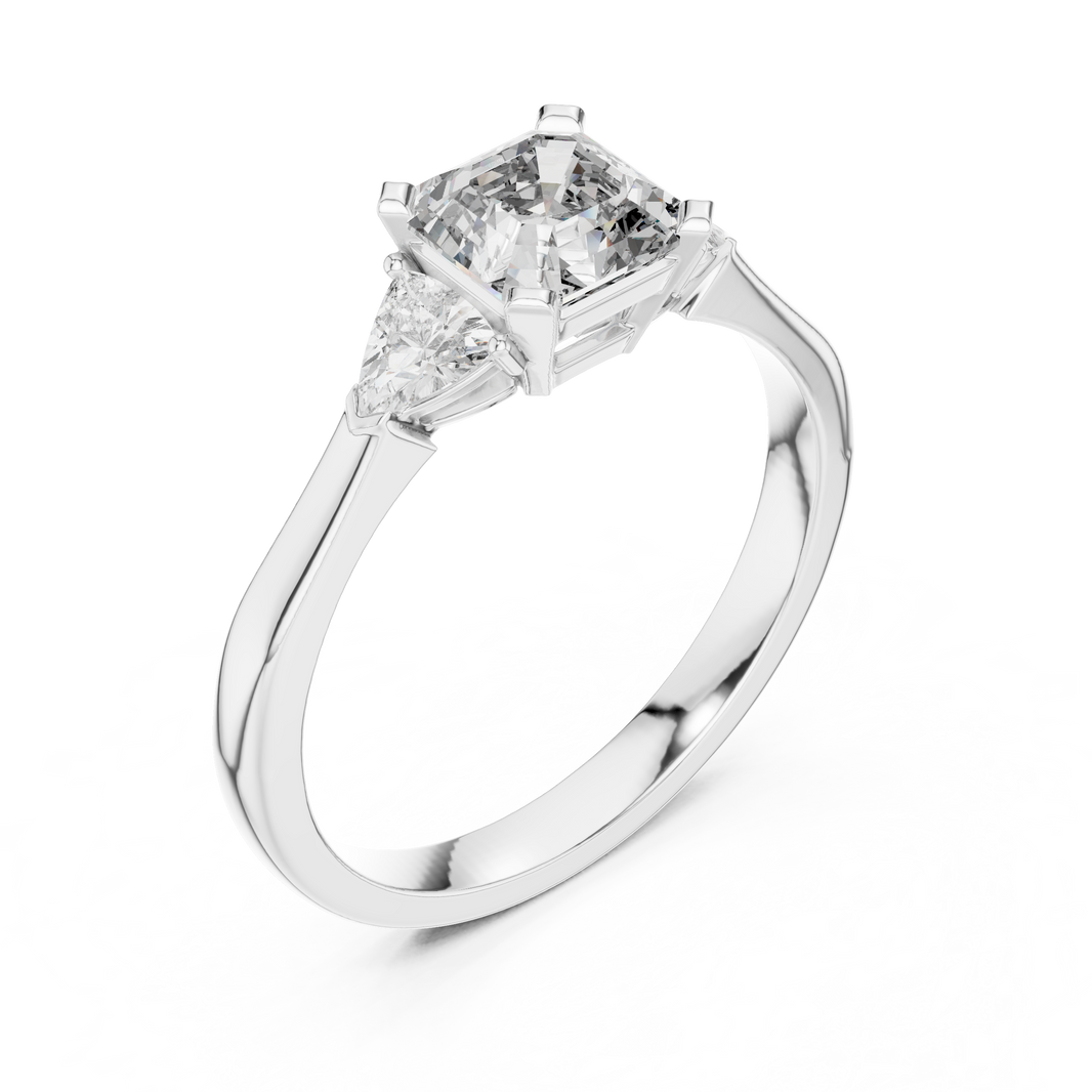 Asscher Cut and Trillion Three Stone Moissanite Ring in white 925 sterling silver, view 2