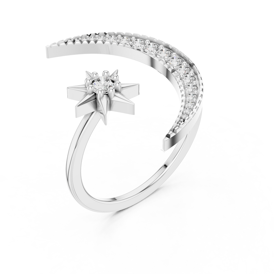 Crescent Moon and Star Moissanite Open Ring in white 925 sterling silver, view 2