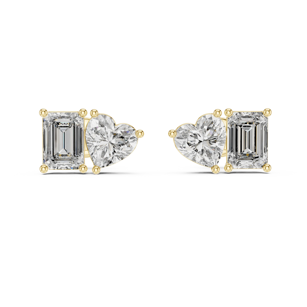 Heart and emerald moissanite toi et moi stud earrings in yellow 925 sterling silver, view 4