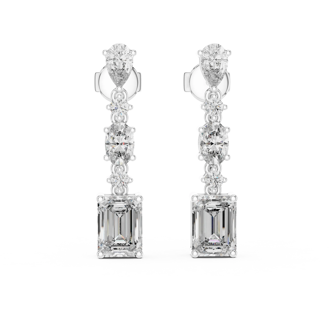 Emerald pear and oval moissanite drop earrings in white 925 sterling silver, view 4