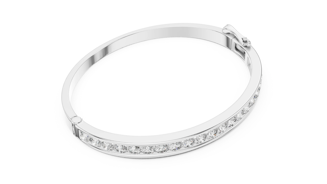 Channel Set Round Moissanite Hinged Bangle in white 925 sterling silver, view 3