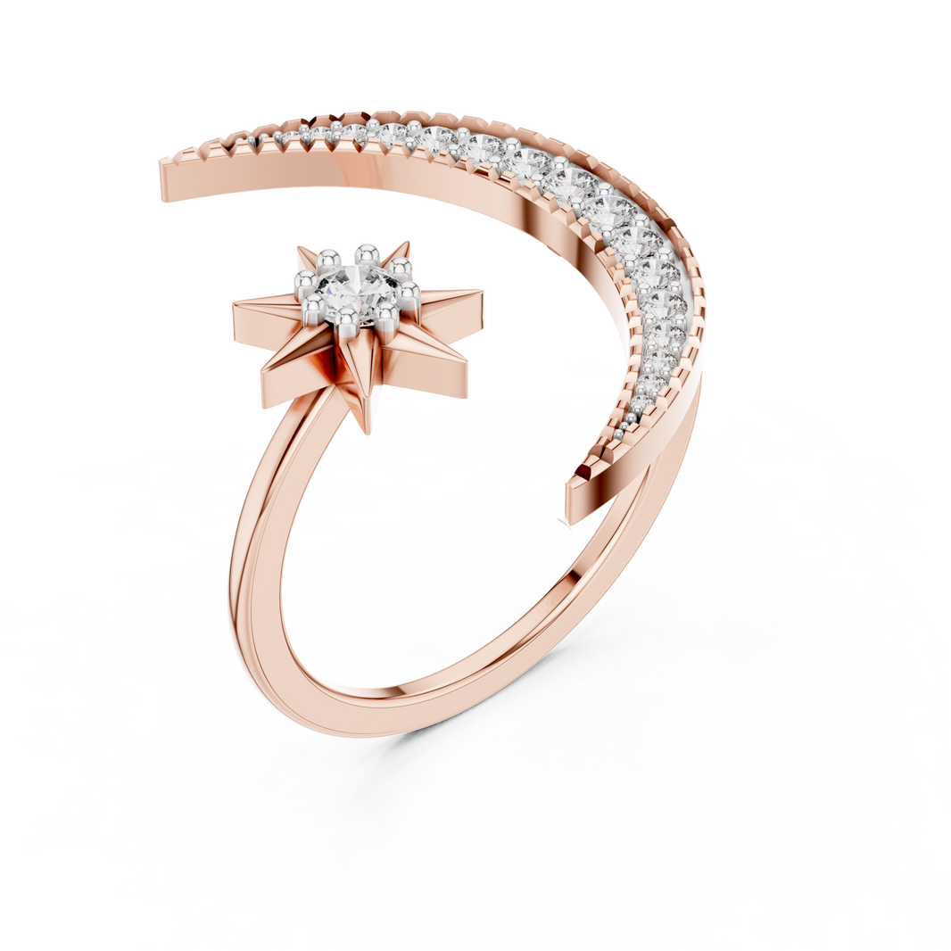 Crescent Moon and Star Moissanite Open Ring in rose 925 sterling silver, view 2