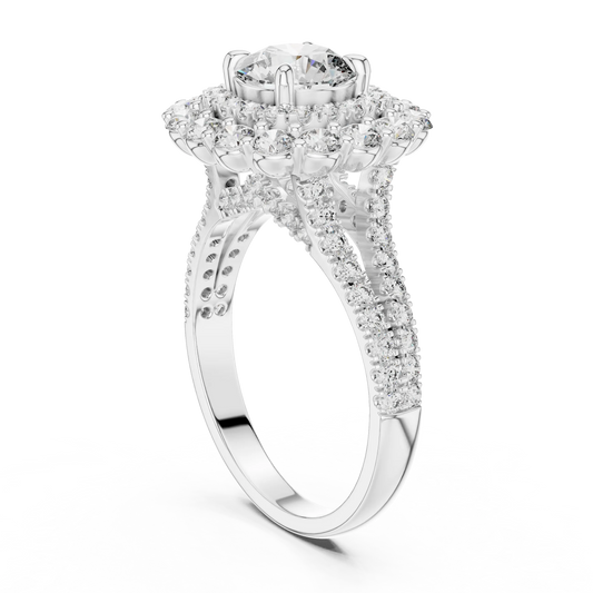Round Cluster Halo Moissanite Engagement Ring in white 925 sterling silver, view 1
