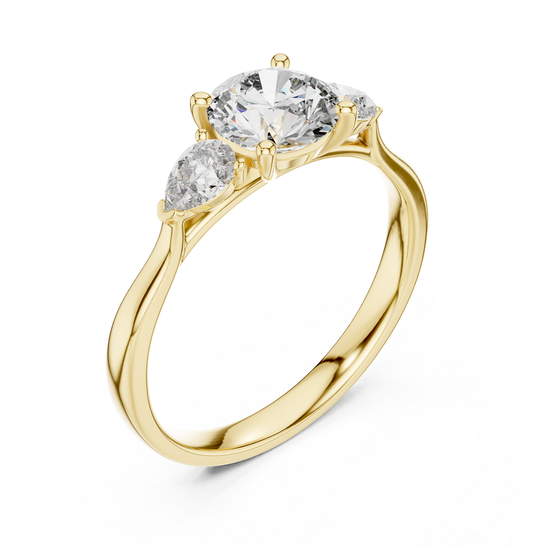 Round and Pear Three Stone Moissanite Ring in yellow 925 sterling silver, view 2