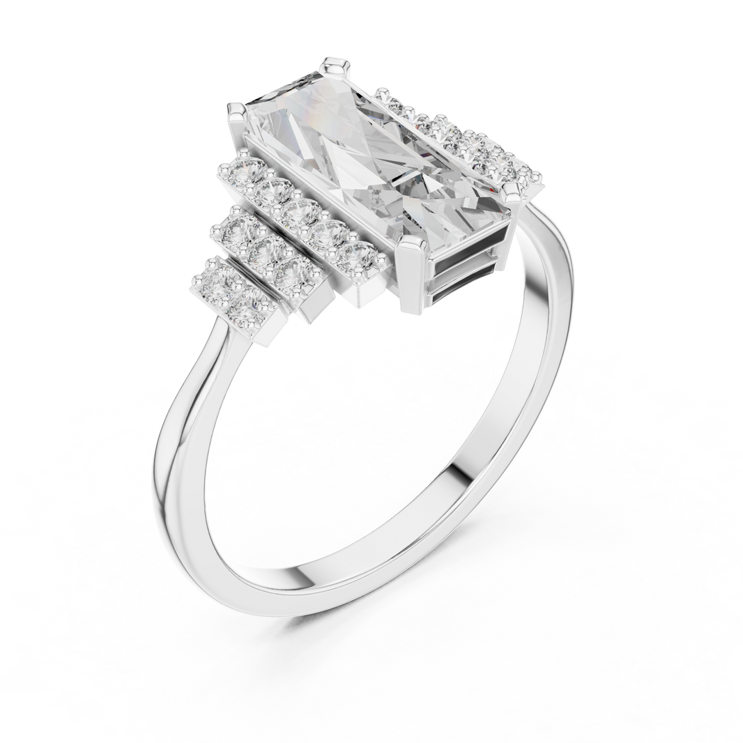 Elongated Emerald Cut Art Deco Moissanite Ring in white 925 sterling silver, view 2