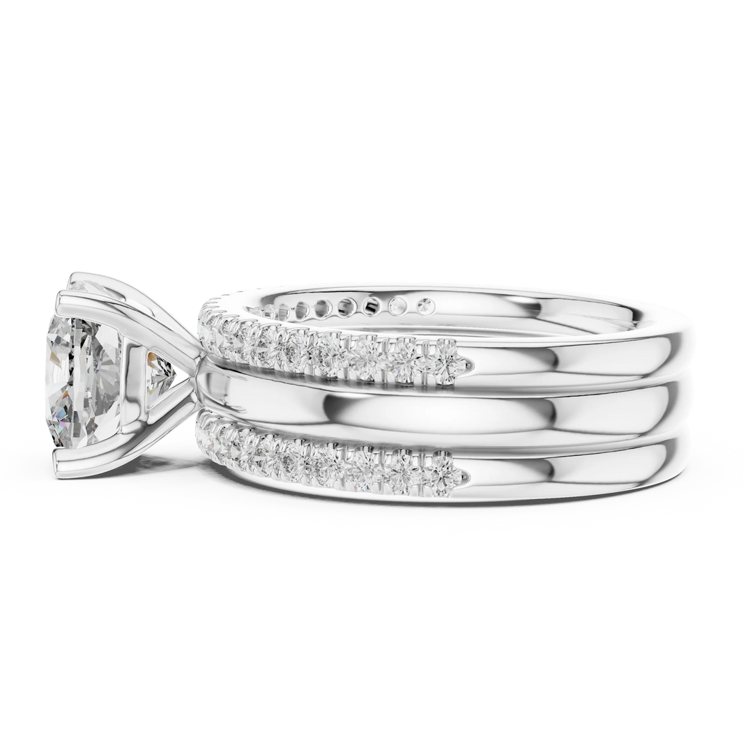 Cushion Cut Solitaire Moissanite Ring with Double Pavé Band in white 925 sterling silver, view 3