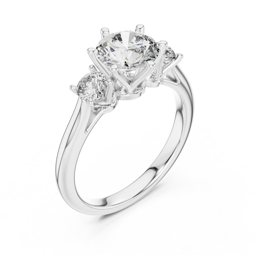 Round Three Stone Moissanite Engagement Ring in white 925 sterling silver, view 2