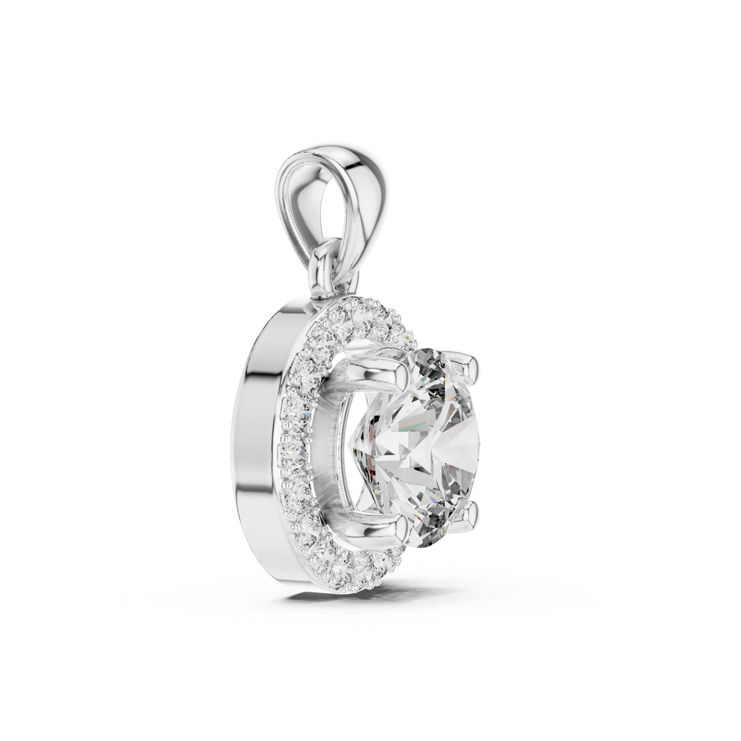 Round Halo Moissanite Pendant in white 925 sterling silver, view 3