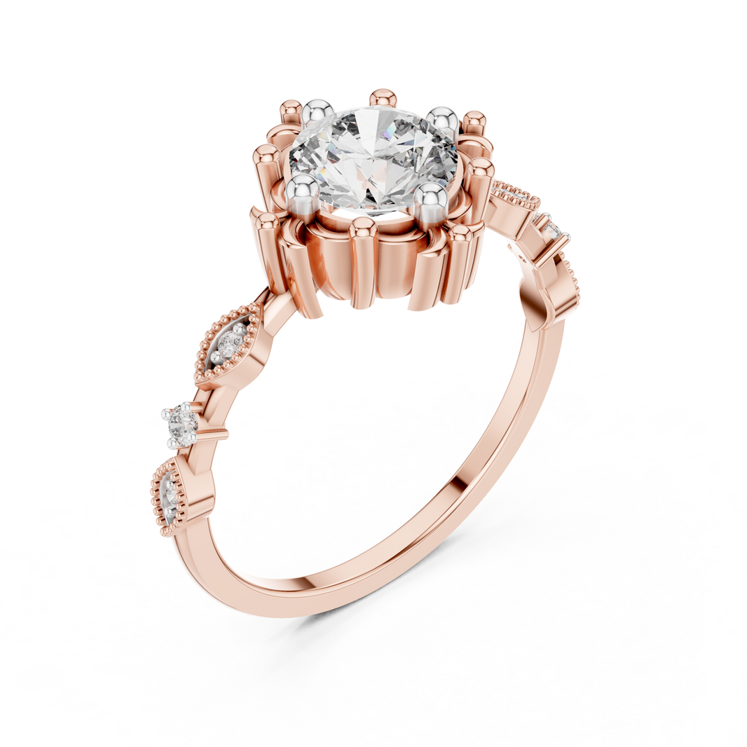 Vintage Solitaire Moissanite Ring with Fleur-de-Lis Accents in rose 925 sterling silver, view 2