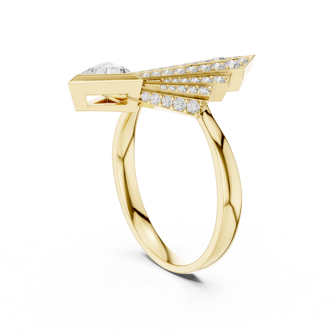 Art Deco Pavé Fan Moissanite Shield Ring in yellow 925 sterling silver, view 1