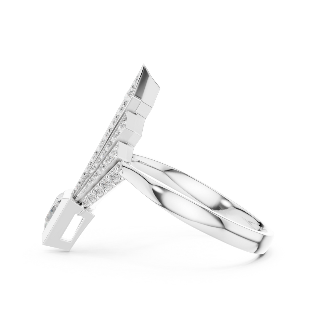 Art Deco Pavé Fan Moissanite Shield Ring in white 925 sterling silver, view 3