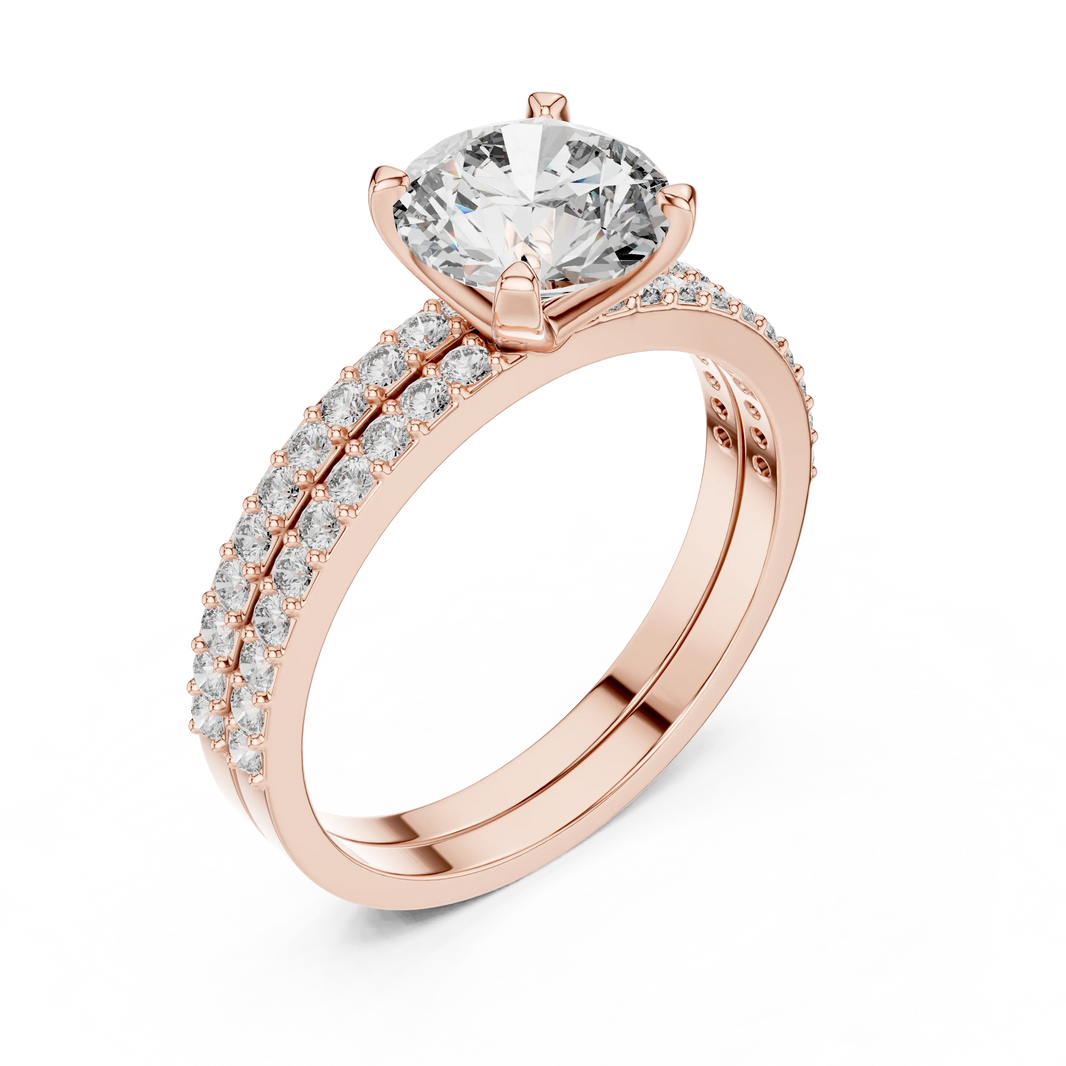 Round Solitaire Moissanite Ring with Double Pavé Band in rose 925 sterling silver, view 2