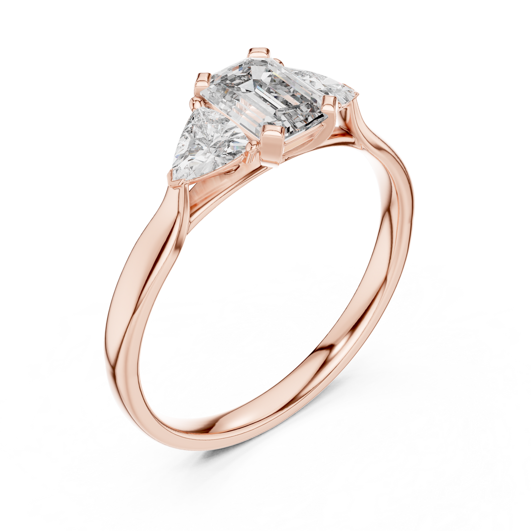 Emerald Cut and Trillion Three Stone Moissanite Ring in rose 925 sterling silver, view 2