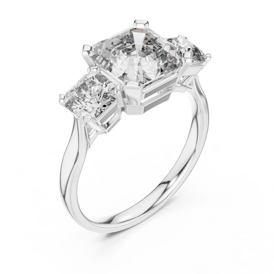 Asscher Cut Three Stone Moissanite Statement Ring in white 925 sterling silver, view 2