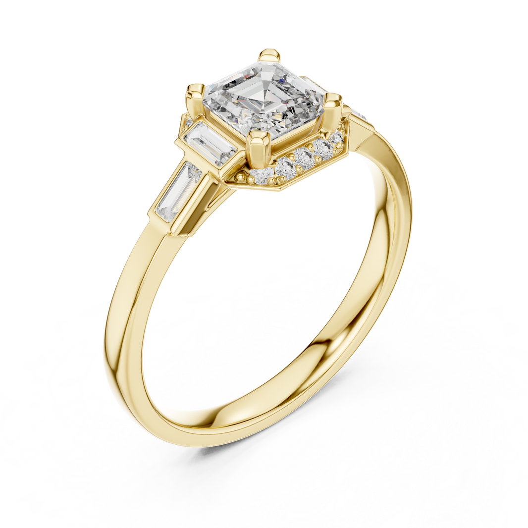 Asscher Cut Octagon Halo Moissanite Ring with Baguette Shoulders in yellow 925 sterling silver, view 2