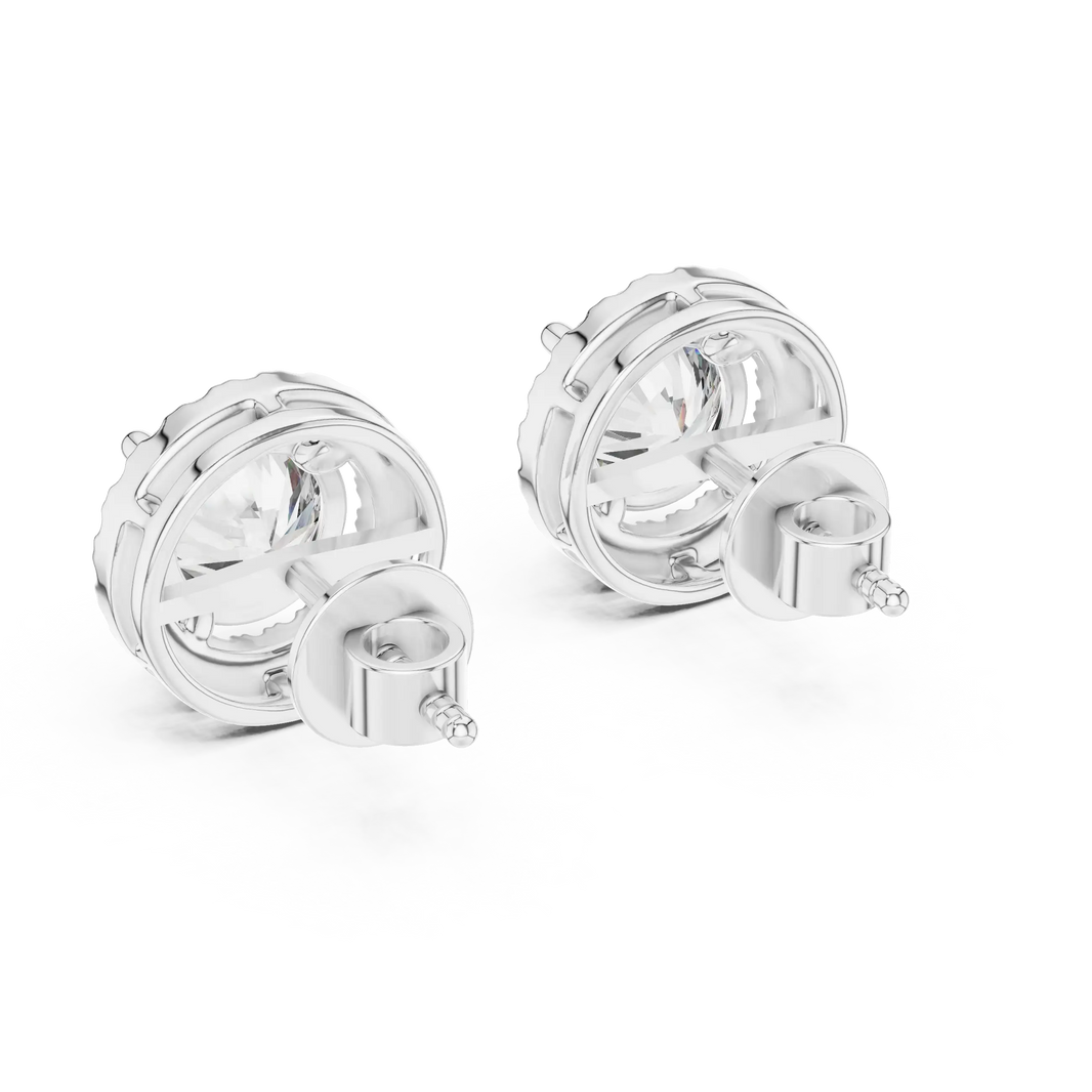Round moissanite U-prong halo stud earrings in white 925 sterling silver, view 3
