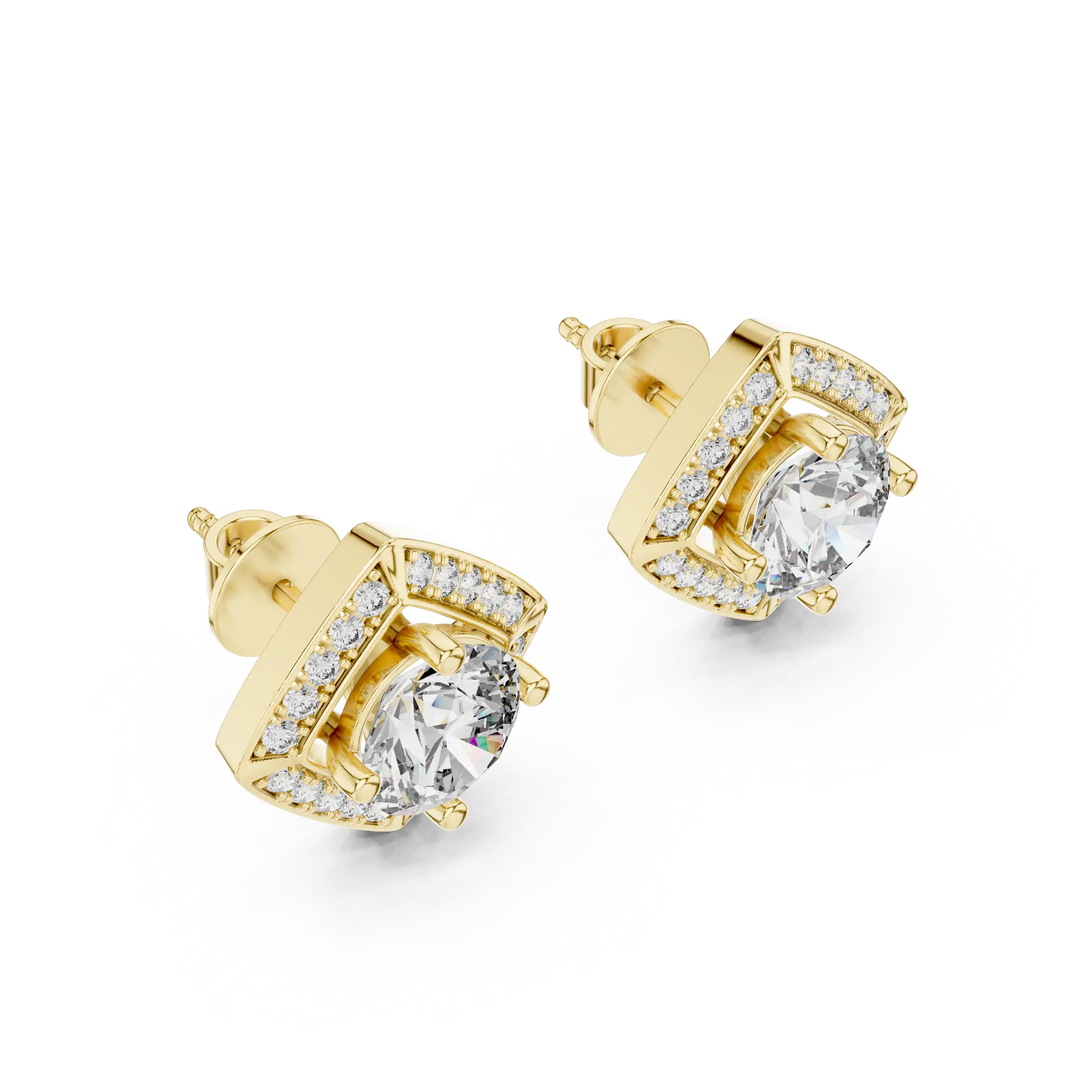 Round moissanite square halo stud earrings in yellow 925 sterling silver, view 2