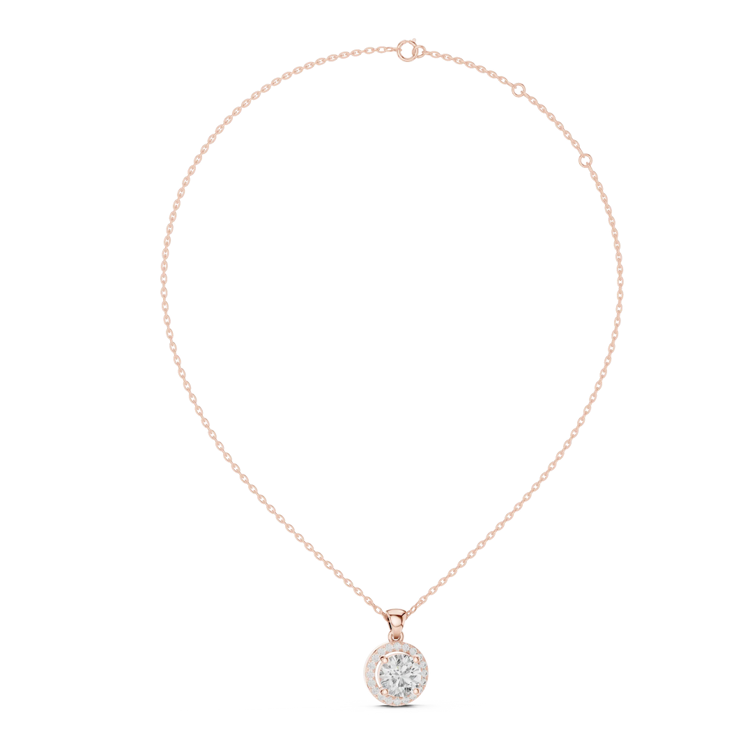 Round Halo Moissanite Pendant in rose 925 sterling silver, view 1