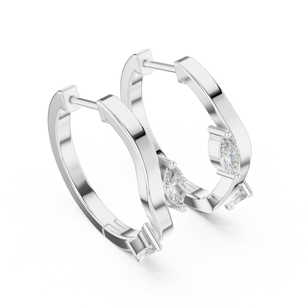 Marquise moissanite wave huggie hoop earrings in white 925 sterling silver, view 2
