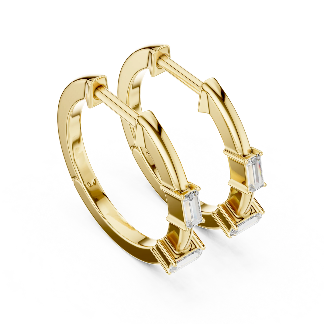 Baguette moissanite hoop earrings in yellow 925 sterling silver, view 2