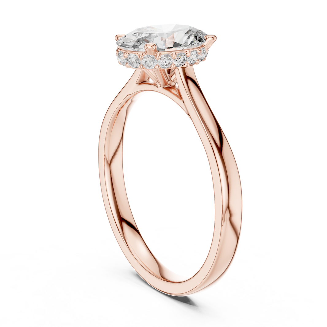 Oval Hidden Halo Moissanite Cathedral Solitaire Ring in rose 925 sterling silver, view 1