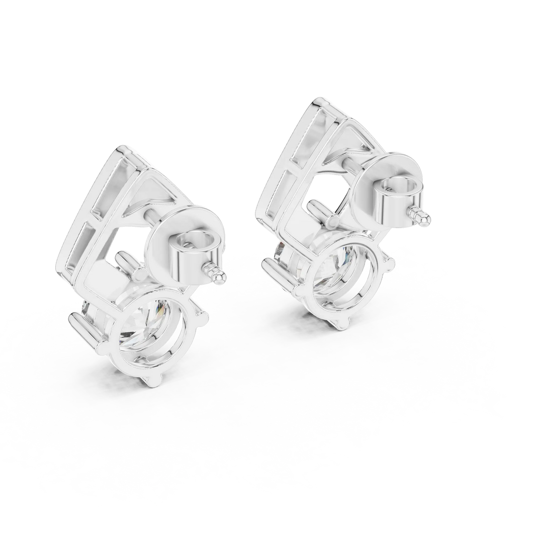 Round moissanite geometric frame stud earrings in white 925 sterling silver, view 3
