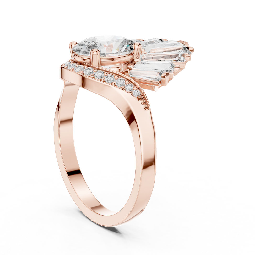 Oval Moissanite Ring with Baguette Fan Crown in rose 925 sterling silver, view 1
