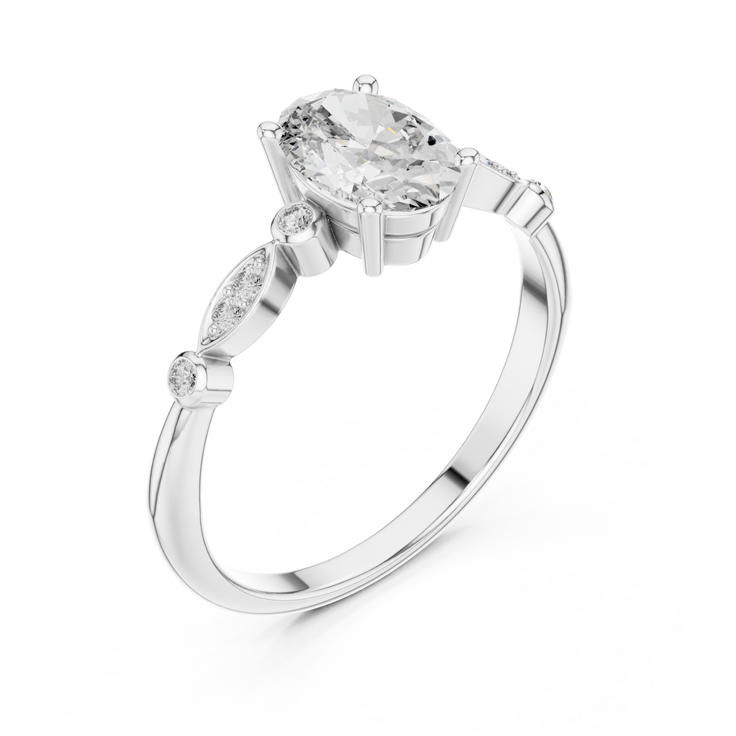 Oval Moissanite Ring with Bezel and Marquise Station Accents in white 925 sterling silver, view 2